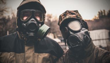 two guys with gas masks