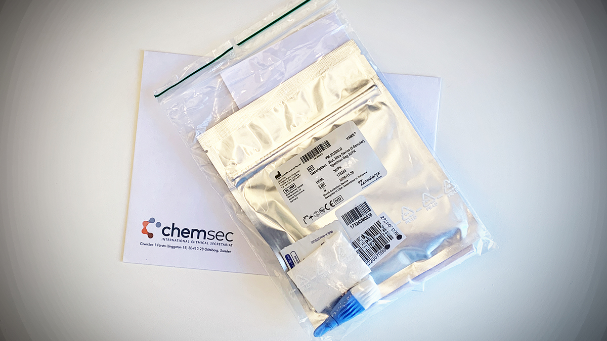 PFAS blood self-test kit and ChemSec letter on white surface